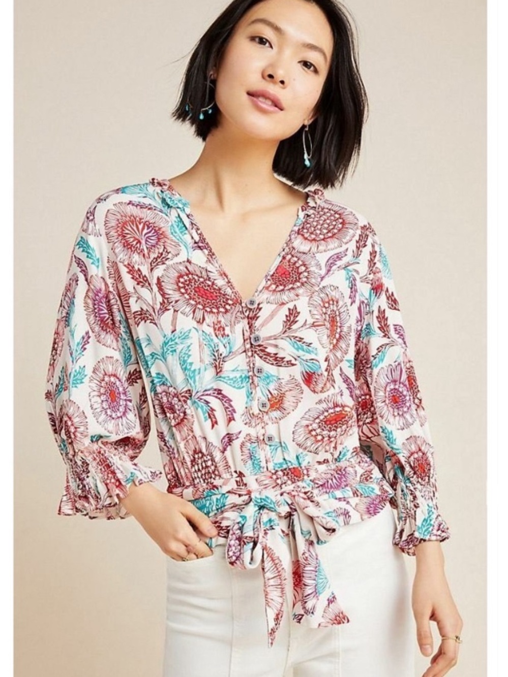 Tugboat Pink Floral Button-Front Wrap Blouse